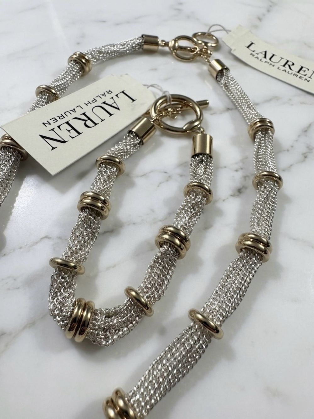 SET Lauren Ralph Lauren Two-Tone Multi-Chain Ringed Collar Necklace & Bracelet